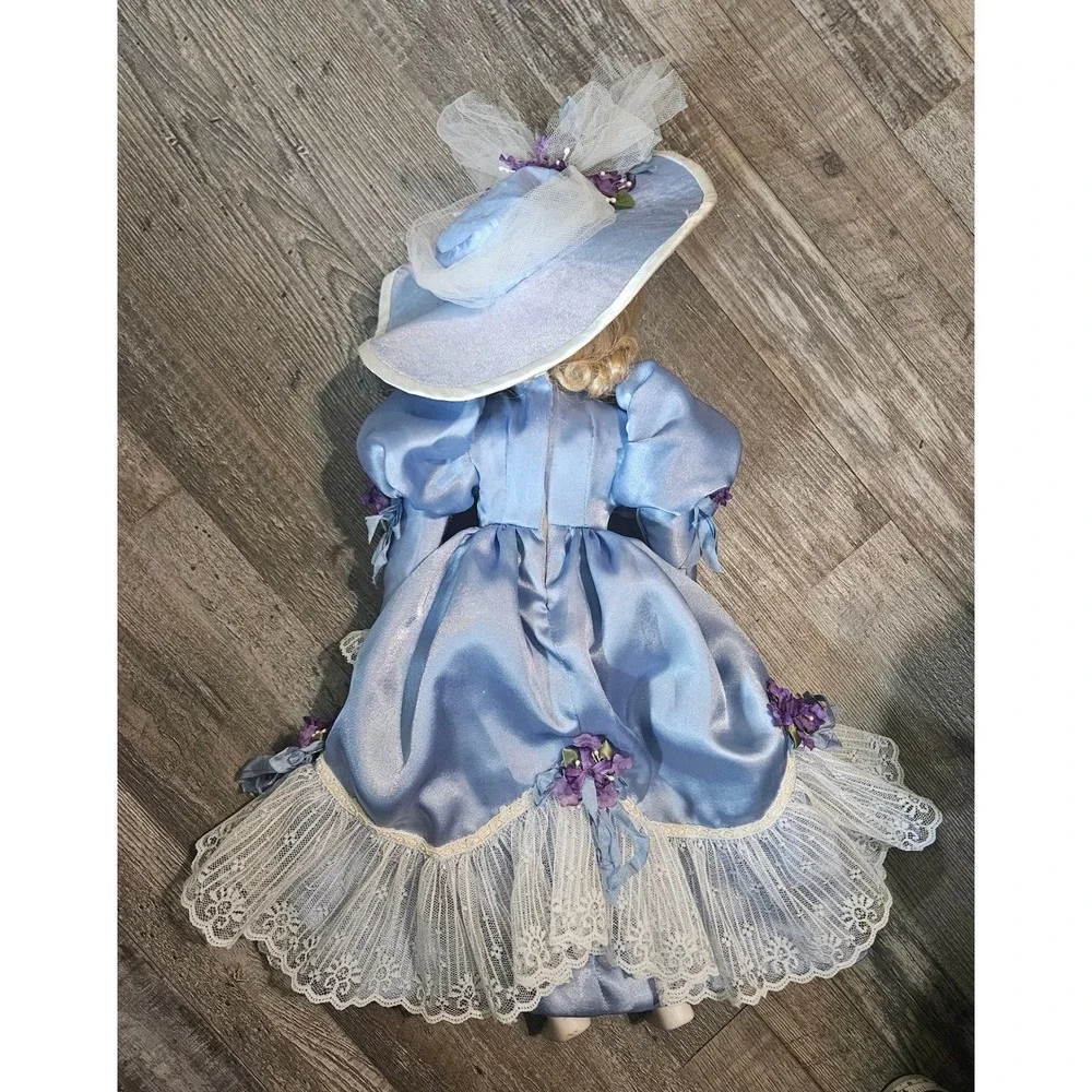 Vintage Porcelain Doll 19 Inch Blue Satin Lace‎ Dress Blonde Hair Blue Eyes Hat